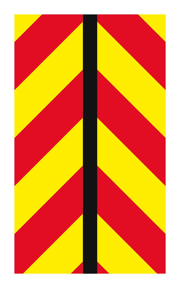Two narrow vertical panels with diagonal red and yellow stripes.