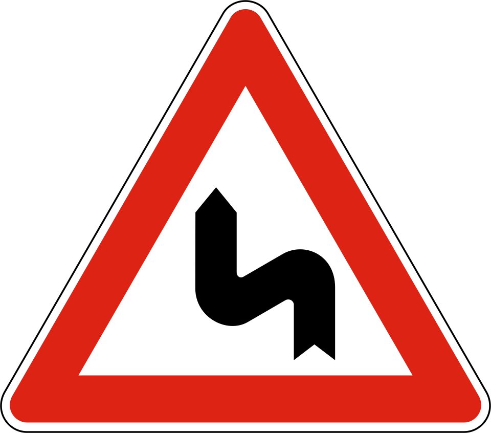 Red-bordered upright triangle; black winding line rises from bottom with first turn to the left.