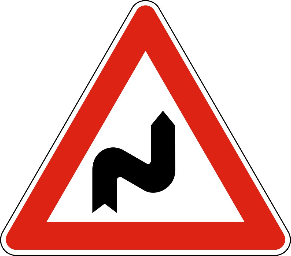 Red-bordered upright triangle; black winding line rises from bottom with first turn to the right.