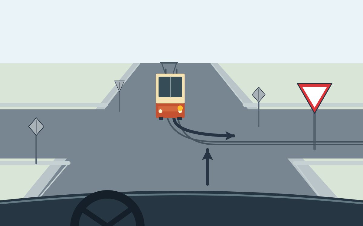 View from behind a steering wheel with a straight foreground arrow. An orange and cream tram opposite has an amber screen-right lamp, with its arrow and two rails curving across the foreground path to the right. A white downward triangle with a red border stands at the right.