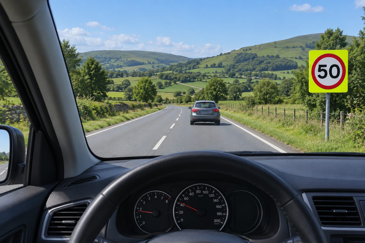 Road seen from a car with a 50 sign on a yellow-green backing on the right.