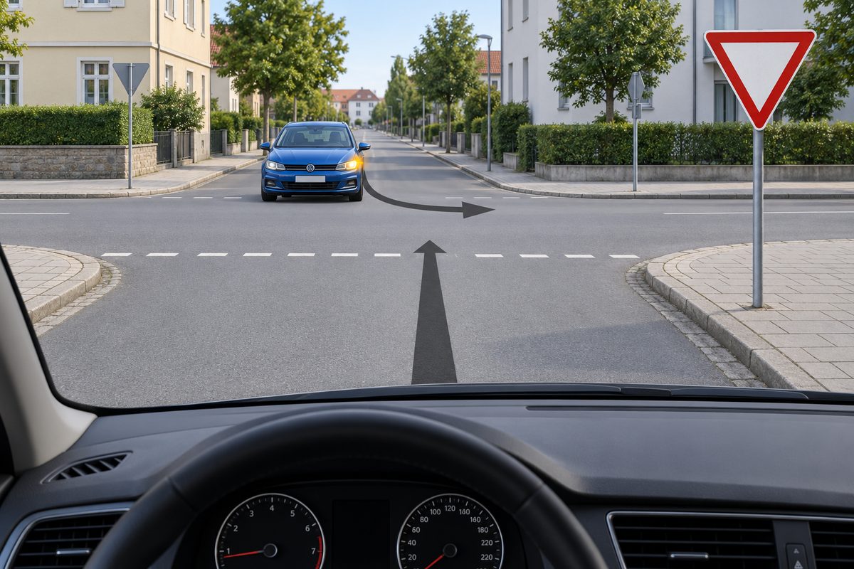 Junction with a give-way sign, an oncoming blue car indicating left, and crossing curved and straight movement arrows.