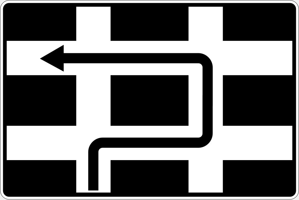 Black horizontal rectangle with a white border and a white grid of two horizontal and two vertical lines; a black arrow rises from the lower left, turns right, then up, then left along the upper horizontal line.