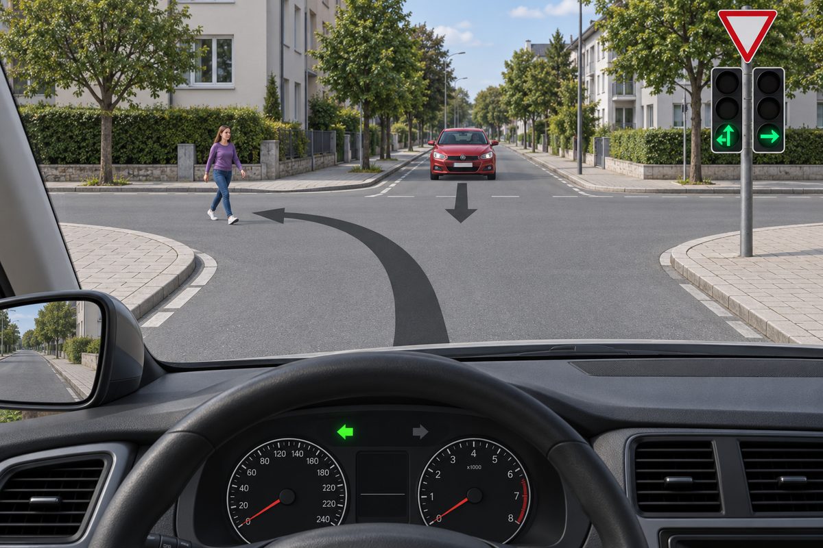 Driver view at a crossroads: a left-curving arrow, green left dashboard arrow, pedestrian across the left road, and red car facing the viewer with a forward arrow. At right, an inverted red triangle stands above green up-and-left and green right signal arrows; upper lenses are dark.