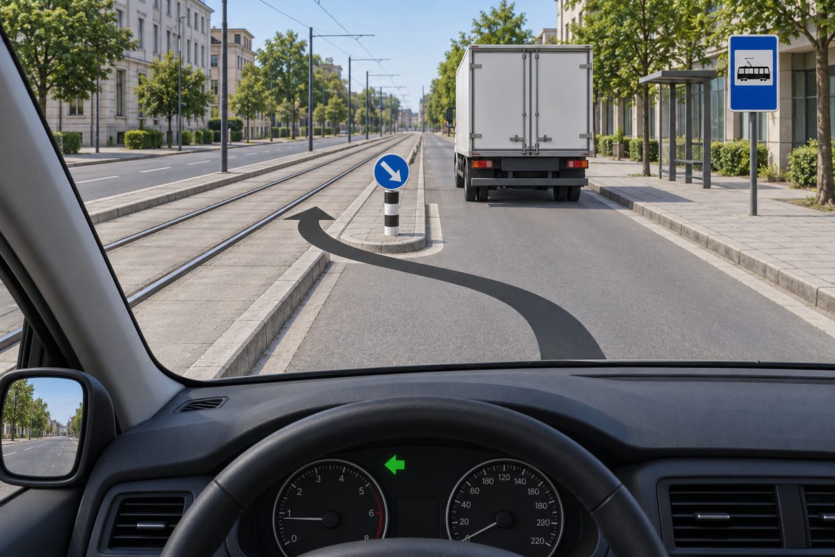 Driver view behind a white box lorry beside raised tram rails at left. A blue disc on an island shows a white down-right arrow; a curved road arrow passes left of it. A blue tram pictogram panel stands at right and the dashboard left arrow is green.