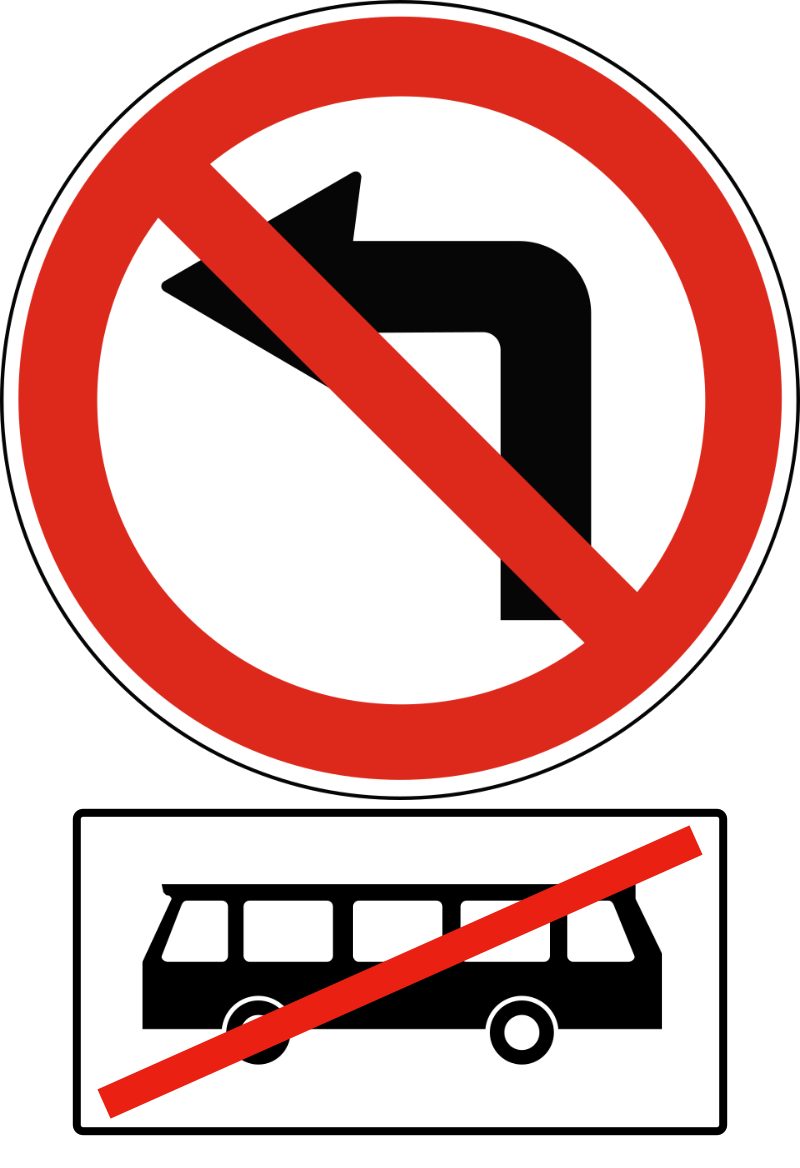 White circle with a red border; a black arrow rising then bending left, crossed by a red stripe from upper left to lower right. A white, black-bordered plate below shows a black bus facing left, crossed by a red stripe rising to the right.