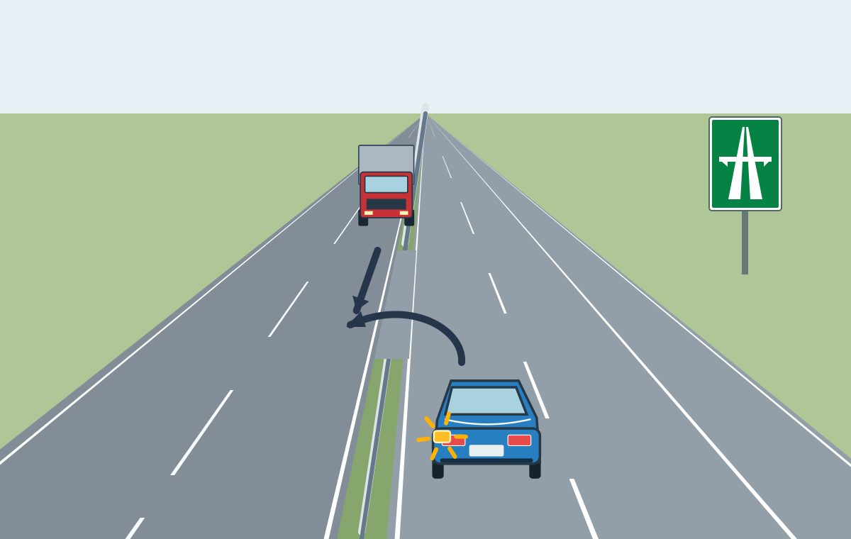 Blue car with a left indicator and a curved arrow through a median opening; a red lorry approaches on the opposite carriageway.