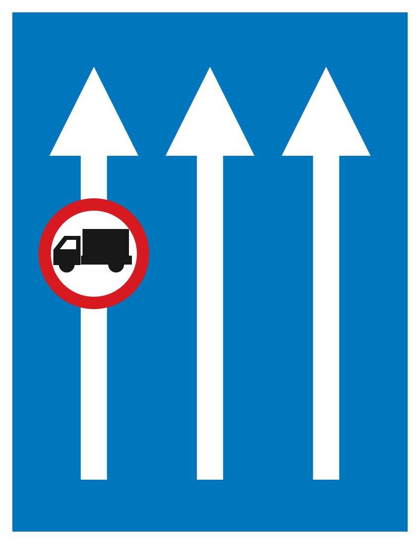 Blue rectangle with three parallel white upward arrows and a red-bordered circle containing a black left-facing lorry on the left arrow.