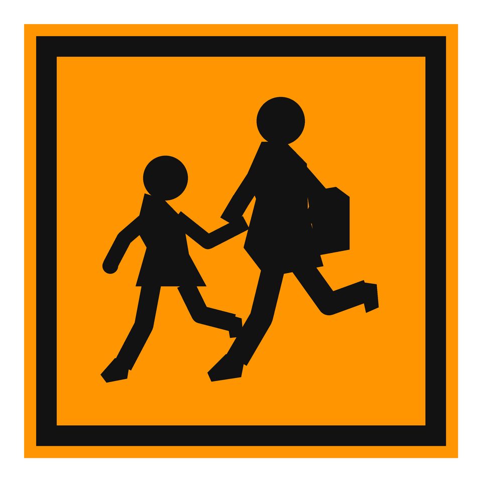 Orange square with black silhouettes of two children.