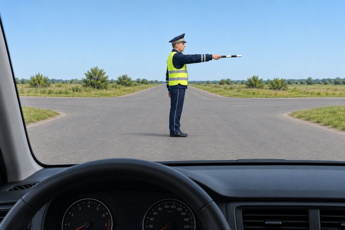 View from a car at an empty four-way junction. A traffic controller faces right in profile with his right arm extended forward to the right.