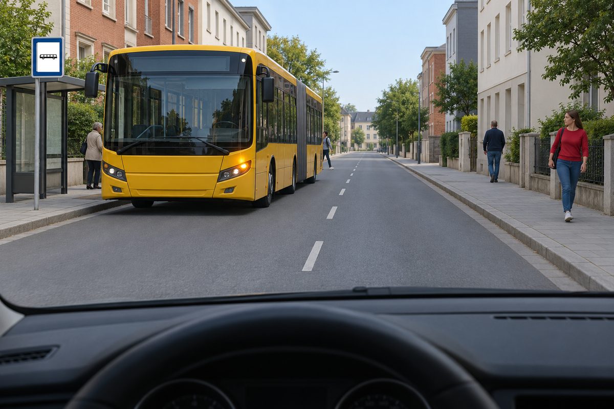A yellow articulated bus facing the driver at a left-side stop, with an amber front indicator and pedestrians beside and beyond it.