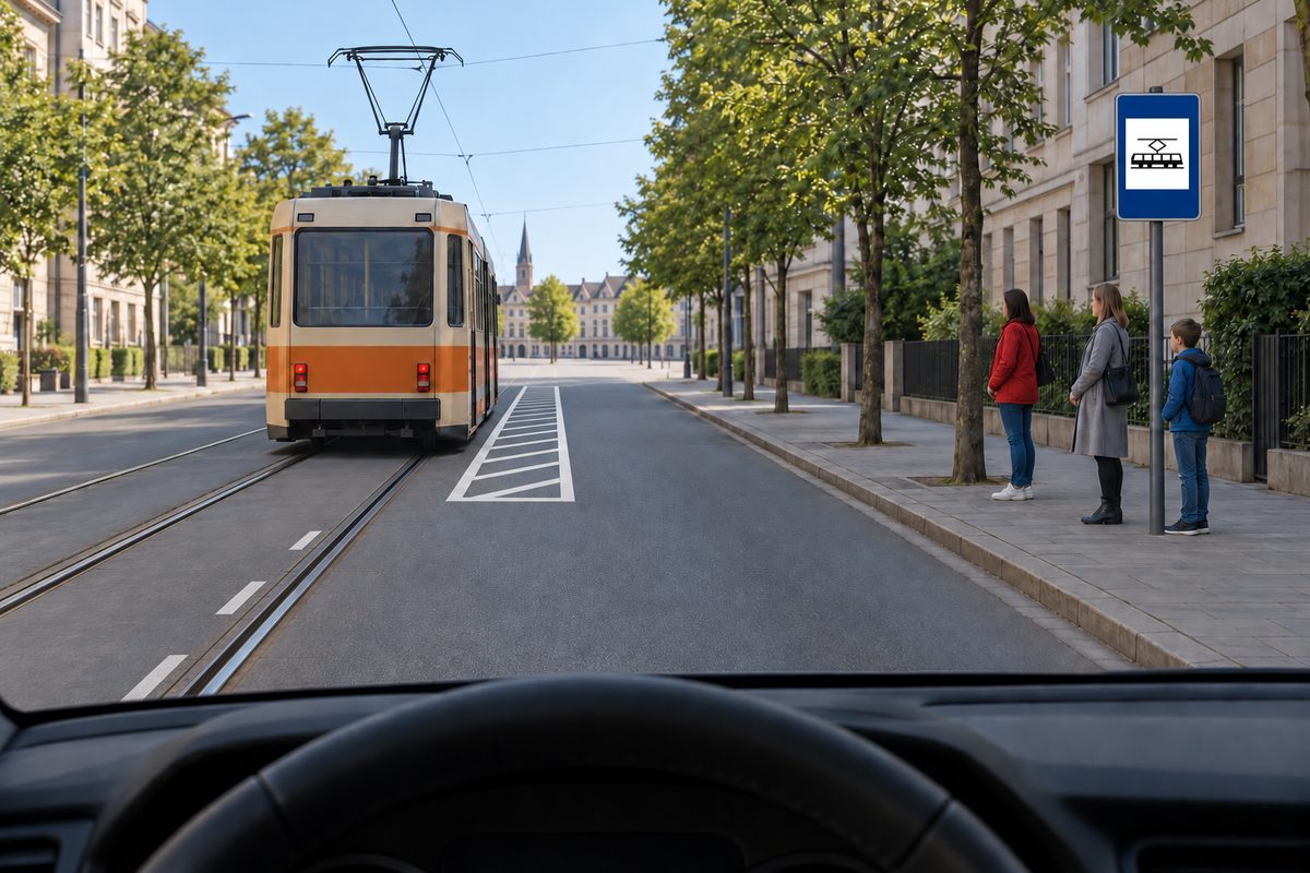 An orange-and-cream tram ahead beside a flat hatched boarding area, with three people waiting on the right pavement.