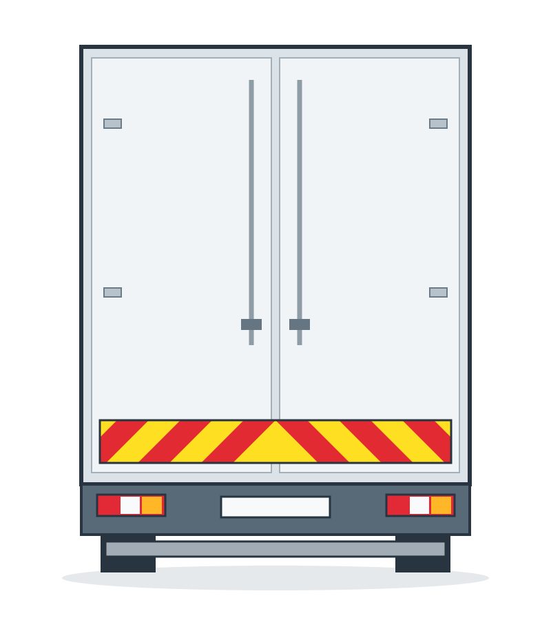 Rear of a vehicle with one horizontal panel of red and yellow diagonal stripes.