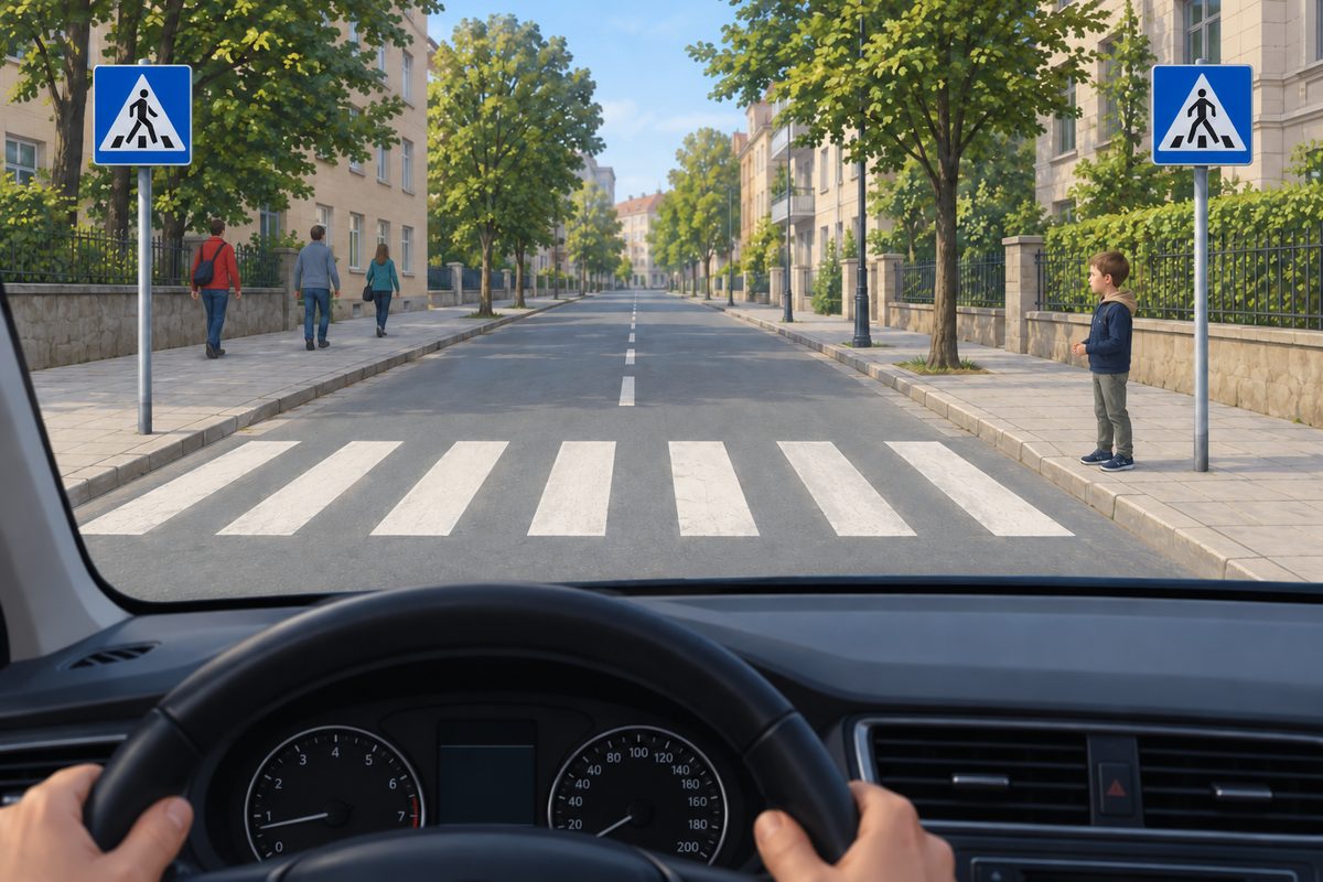 View through a car windshield toward a zebra crossing, a child at the right curb, three people on the left pavement and blue signs on both sides.