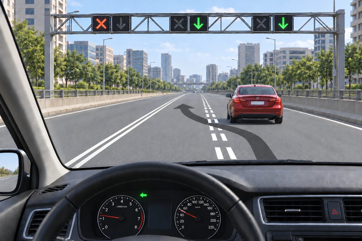 Three lanes with paired solid lines at left and paired broken lines at right. A red car occupies the right lane; a curved arrow crosses the broken pair leftward. Overhead lamps show a red X over the left lane and green downward arrows over the other two; alternate lamps are dark. The dashboard left arrow is green.