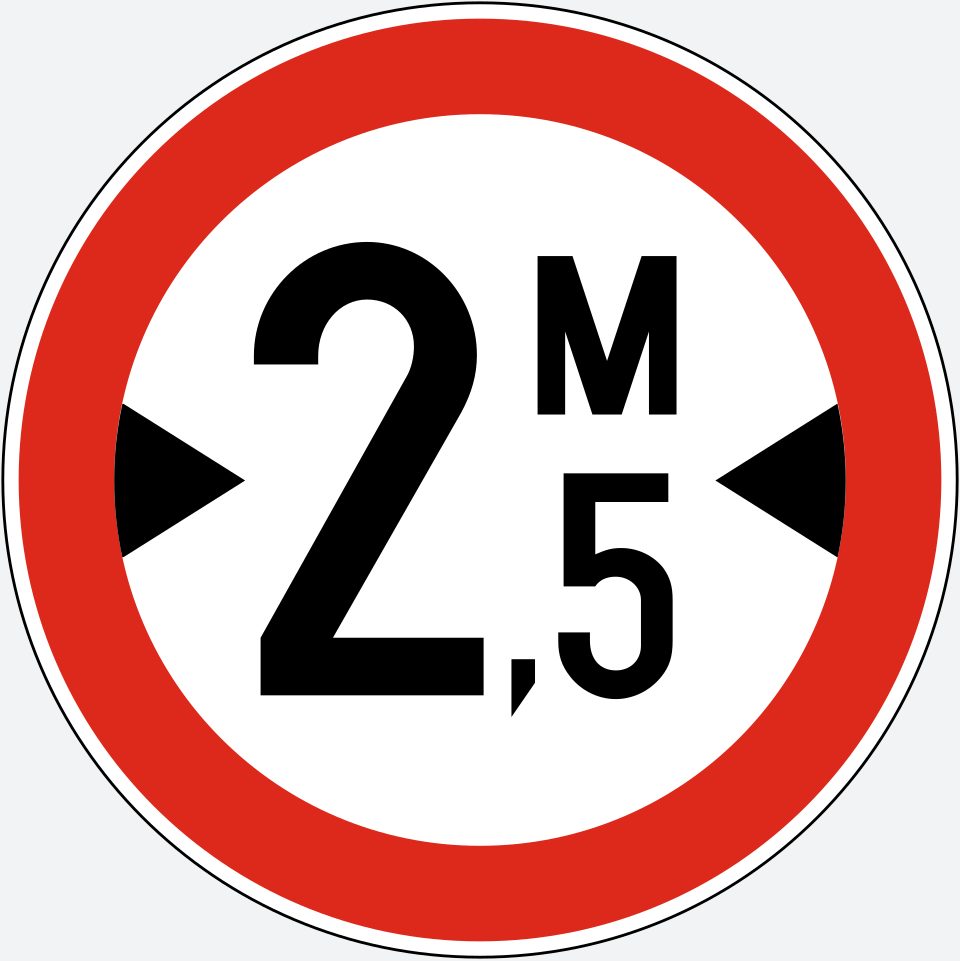 White circle with a red border; black text “2,5 м” between two inward-pointing horizontal black arrowheads.