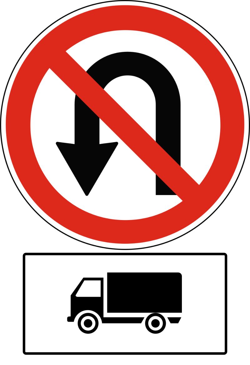 White circle with a red border; a black arrow curves up, left and down, crossed by a red stripe from upper left to lower right. A white, black-bordered plate below shows a black truck facing left.