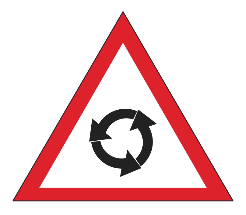 An upright red-bordered white triangle containing three black curved arrows arranged counterclockwise in a circle.