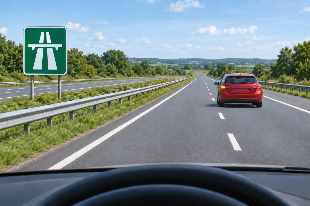 Divided road with a central strip and barriers between carriageways.