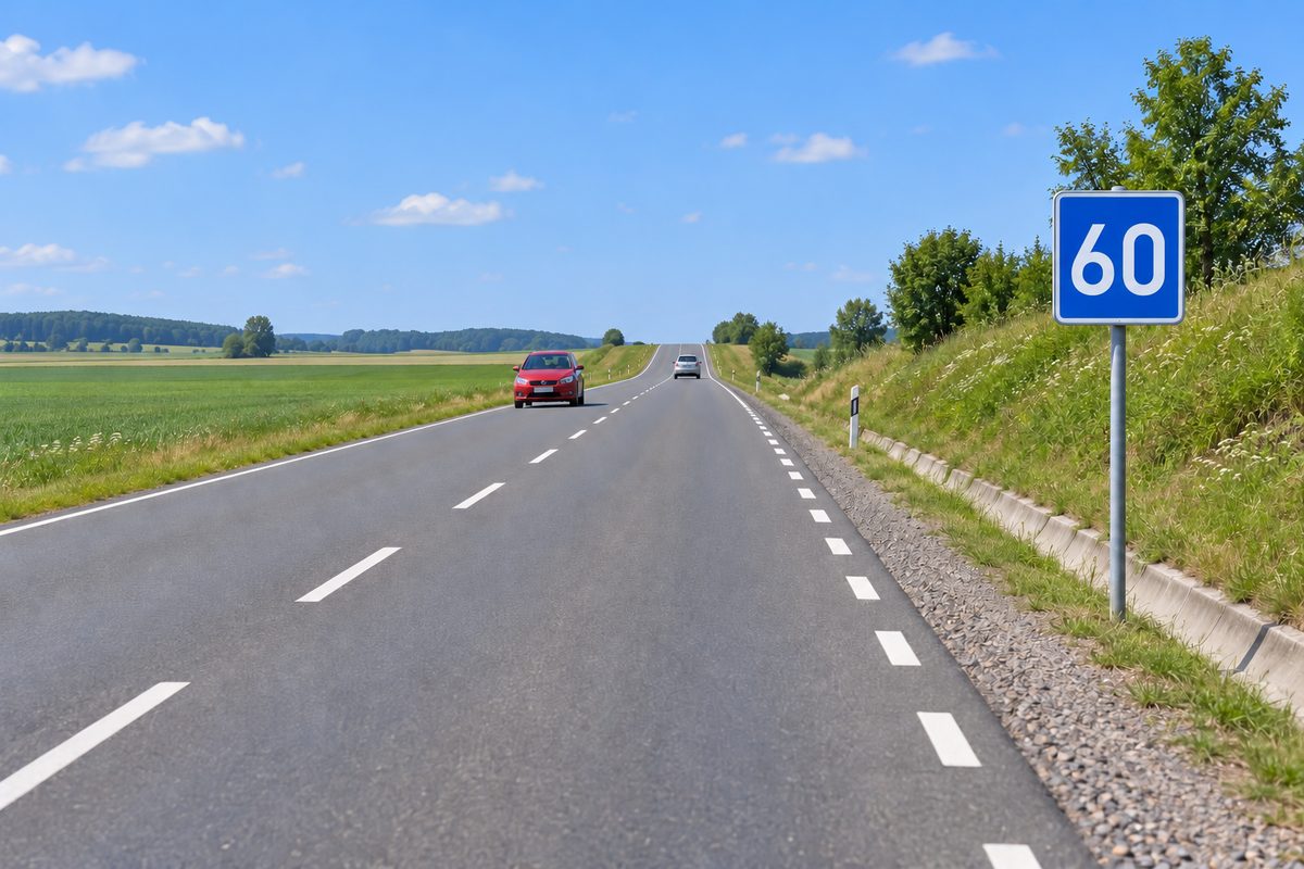 A rural road with a red car approaching, a pale car ahead, a broken right-edge line and a square blue 60 sign.