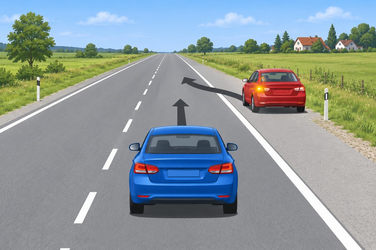 Blue car in a traffic lane and red car ahead on the right shoulder, with straight and curved arrows and an amber light on the red car’s left.