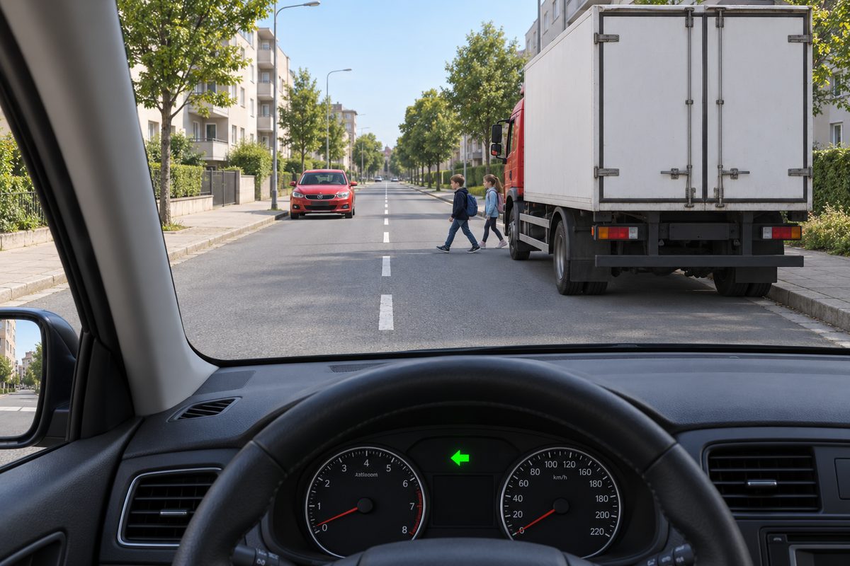 Two children step left beside the cab of a white box truck on the right, a red car faces the viewer in the left lane, and a green left arrow glows on the dashboard.