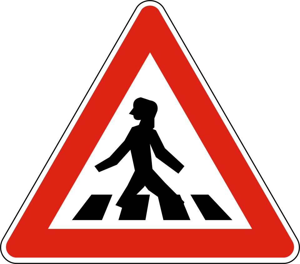 Red-bordered upright triangle; black walking person over white and black crossing stripes.