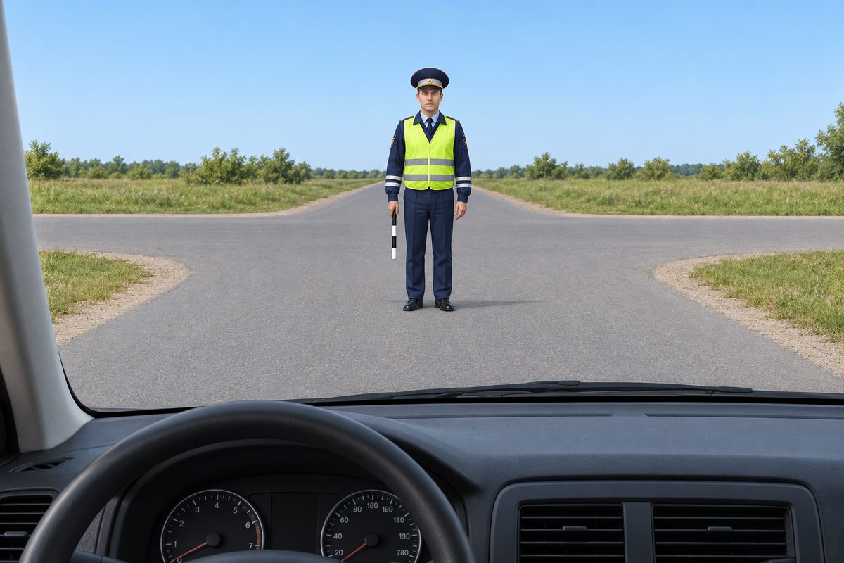 View from a car at an empty four-way junction. A traffic controller faces the driver with both arms lowered.