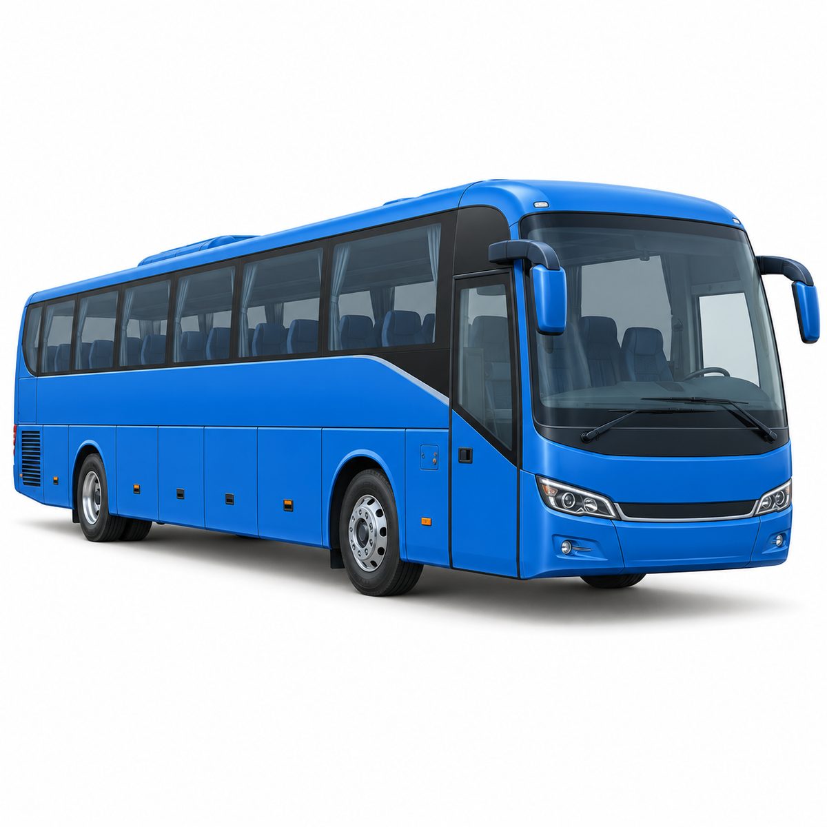 Blue passenger vehicle with rows of windows and rubber tyres.