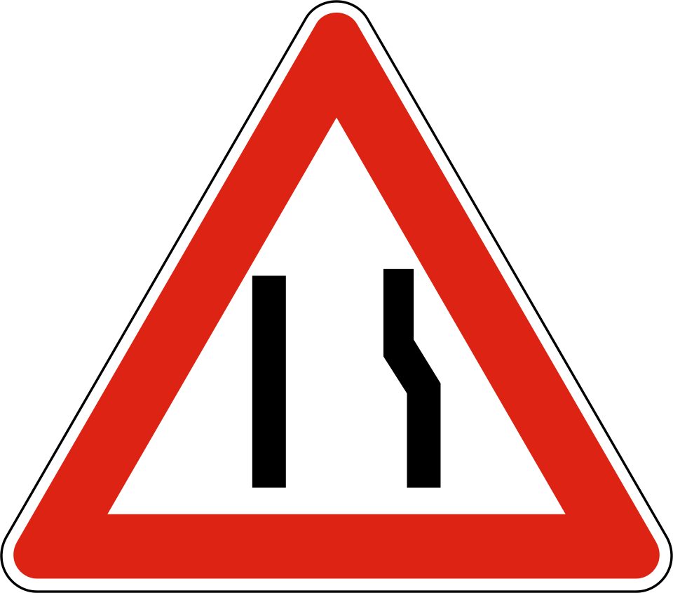 Red-bordered upright triangle; left black road edge vertical, right edge bends inward toward the top.