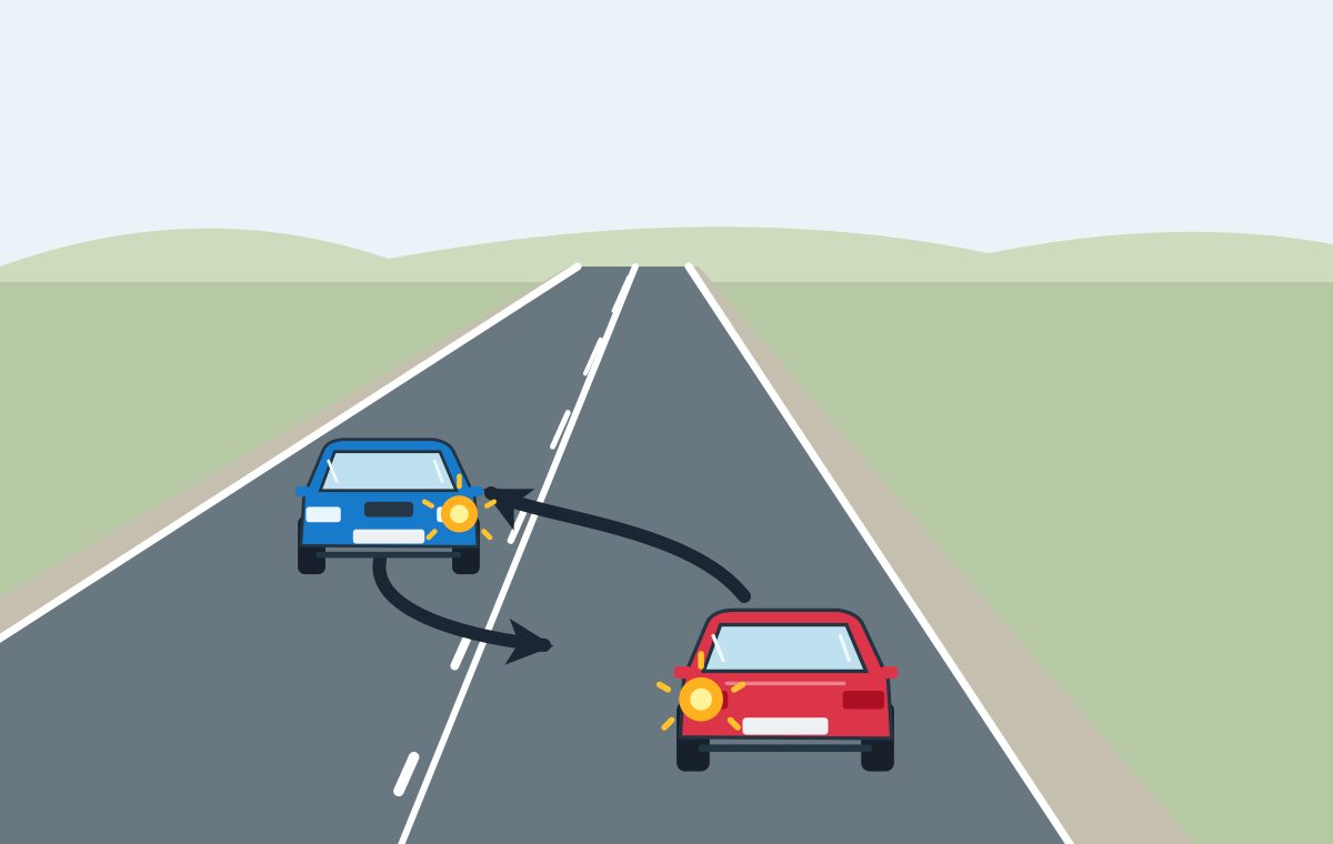 Red car faces away in the right lane and blue car faces the viewer in the left lane. Both signal left; curved paths cross a double marking, solid beside red and broken beside blue.