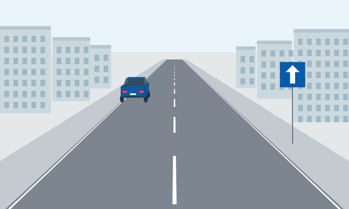 A blue car beside the left kerb of a street with an upward-arrow sign.