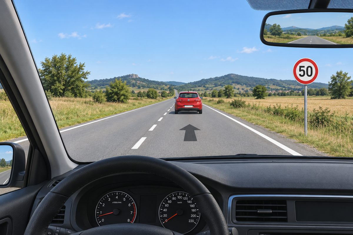 View through a car windscreen of a red car ahead, a forward arrow, and a red-rimmed circular 50 sign on the right.