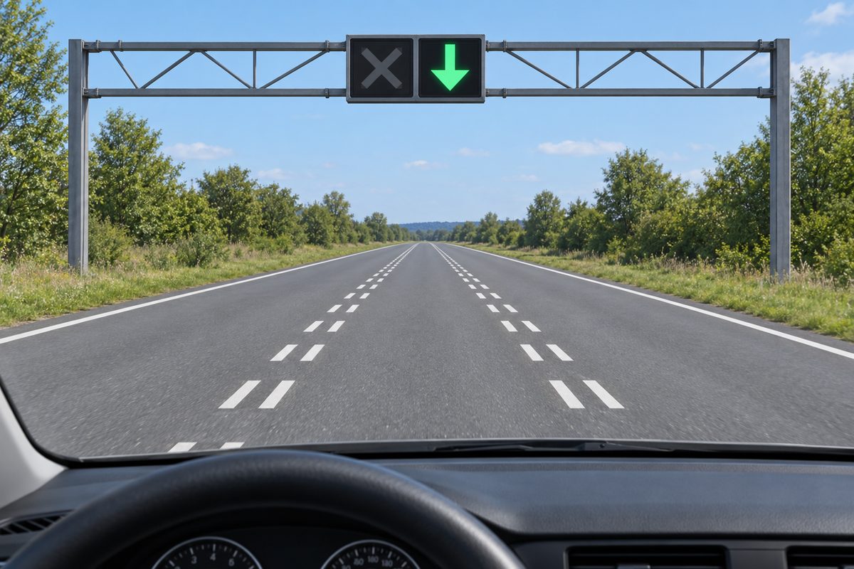 Tree-lined rural road viewed from a car. Above a lane with double broken boundaries, the left X is dark and the right downward arrow is green.