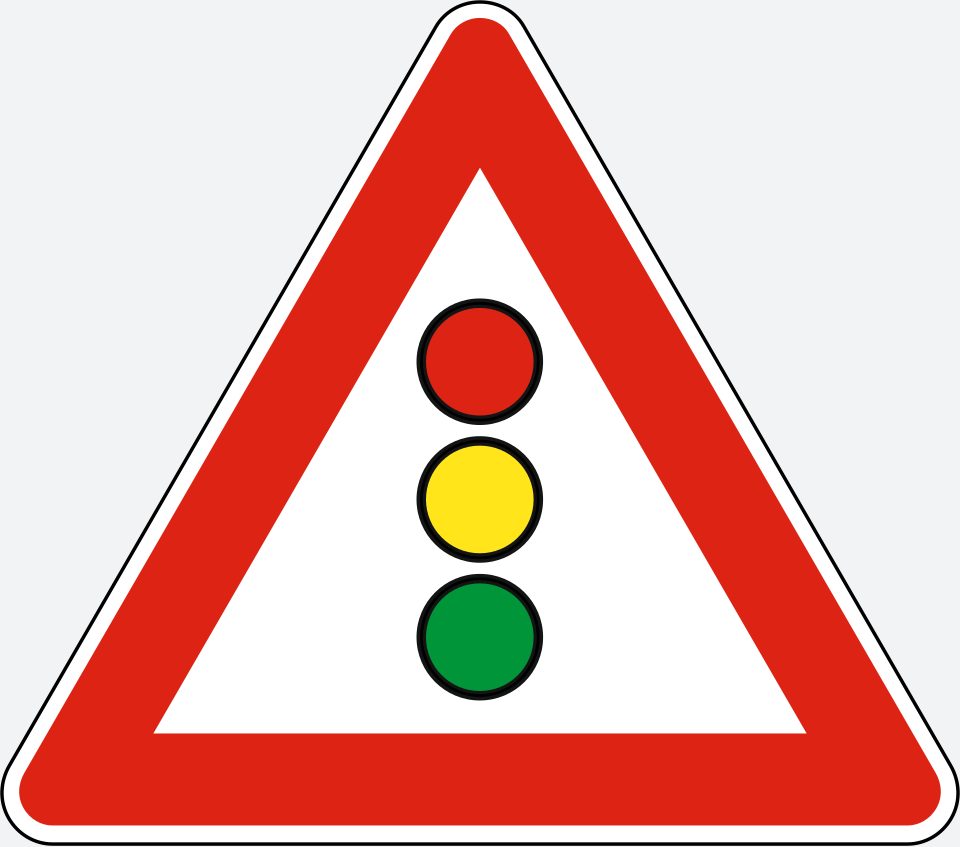 Red-bordered upright triangle with three black-rimmed circles: red above yellow above green.