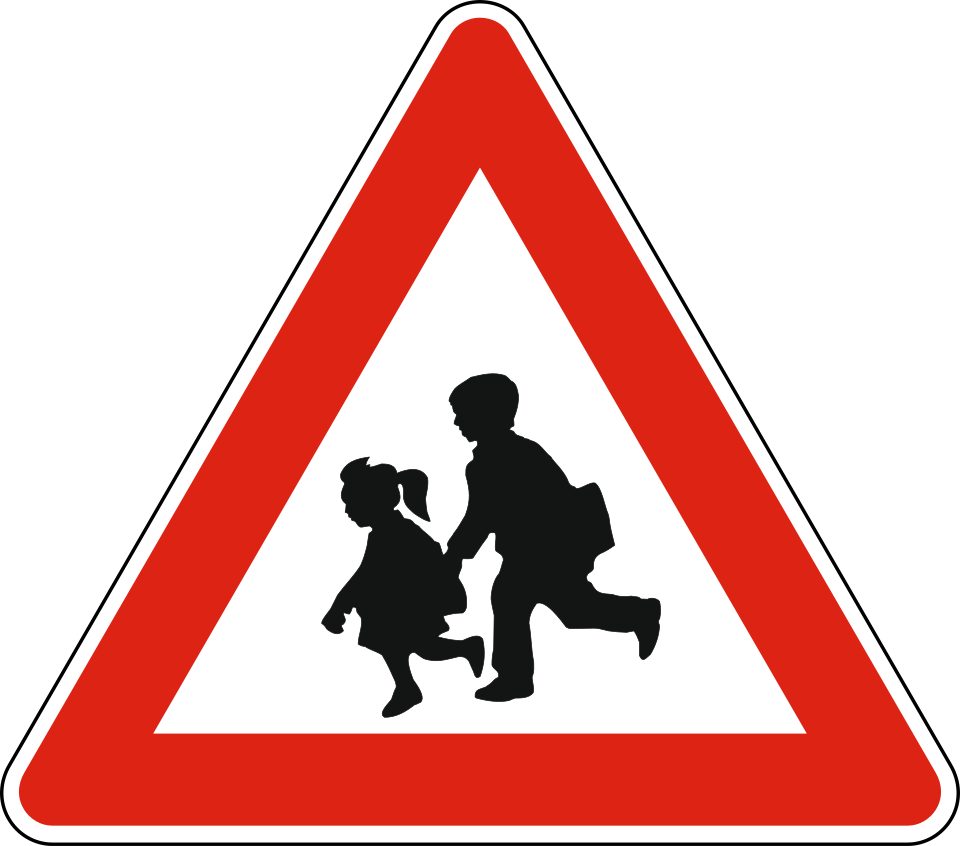 Red-bordered triangle showing two small human figures.