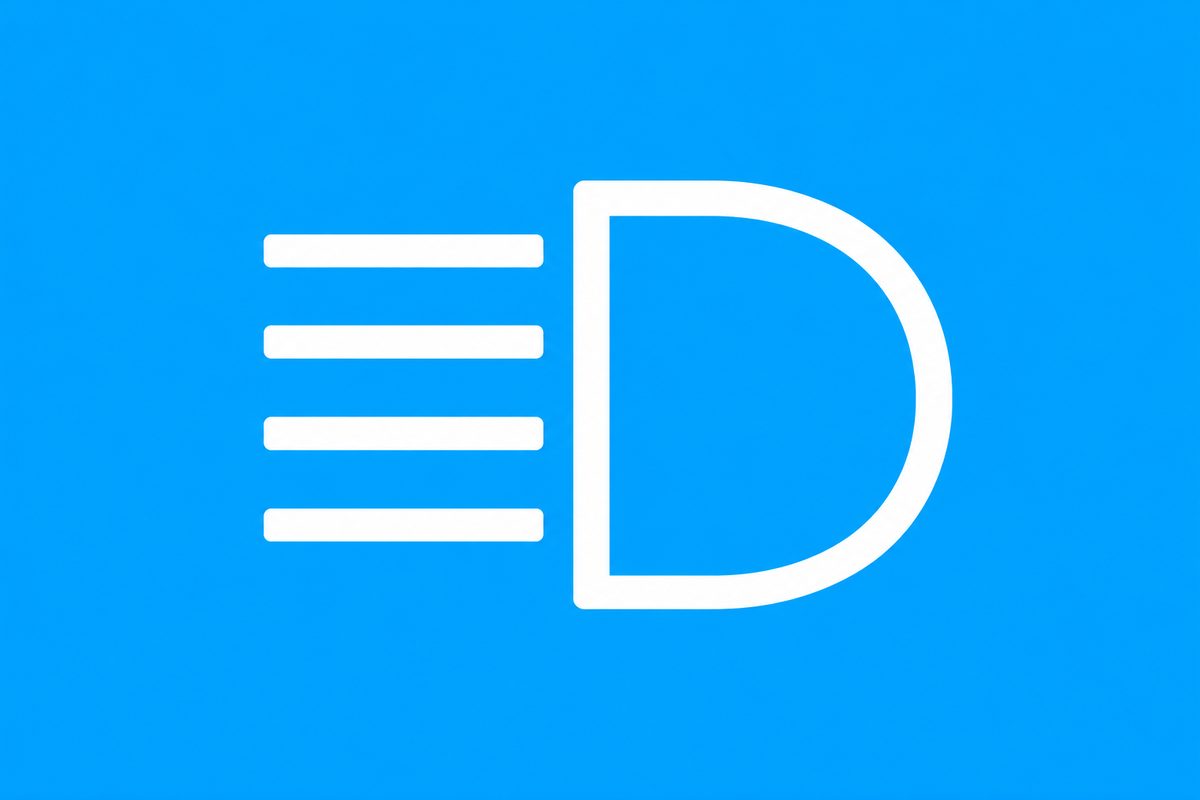 White rounded outline beside four straight horizontal bars to its left, on blue.