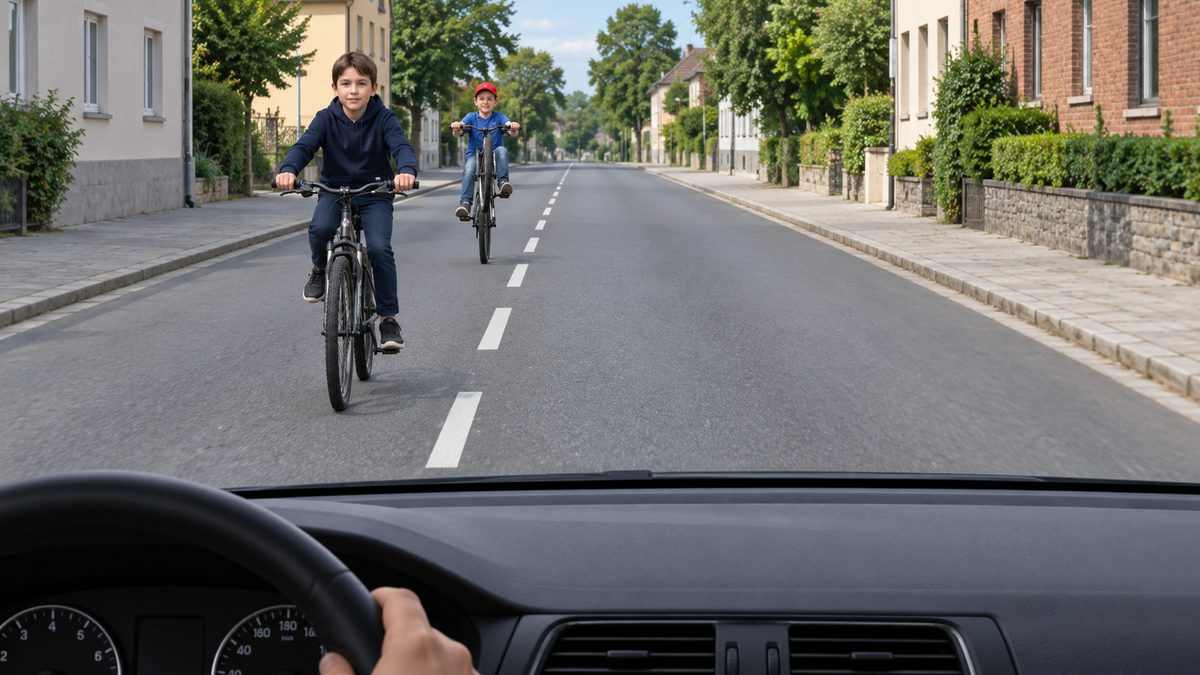 Two children cycle towards the driver near the centre of a two-way road.