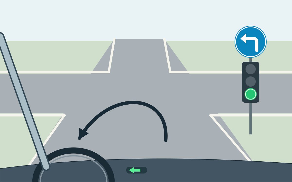 View through a windscreen toward an empty crossroads, with a left dashboard indicator and a U-shaped arrow. On the right, a blue disc with a bent white left arrow is above a green circular light.