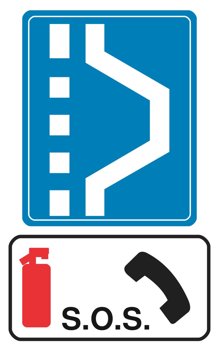 Blue panel with a broken white line on the left and an outlined widening on the right, above a separate white panel showing a red extinguisher, black telephone handset and S.O.S.