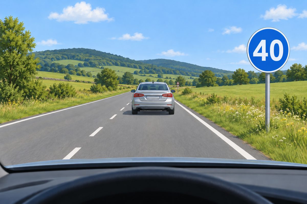 Silver car ahead on a rural road beside a large blue circular sign with white 40, with two small stacked triangular and circular panels farther ahead on the right.