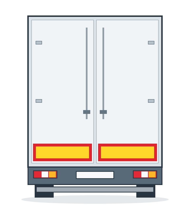 Rear of a vehicle with two horizontal yellow panels outlined in red.