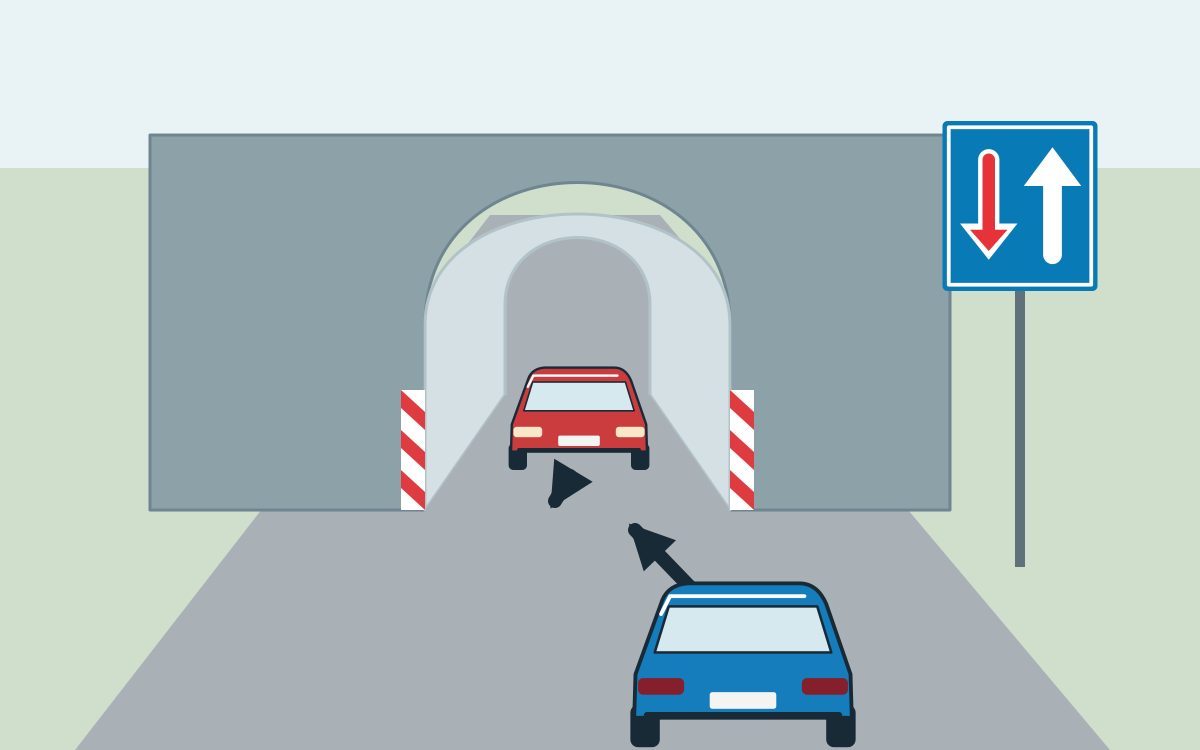 A blue car seen from behind is outside a narrow arched underpass, and a red car facing it is between the portals. Opposing arrows appear on the road. A blue sign at right has a red down arrow on the left and a white up arrow on the right.