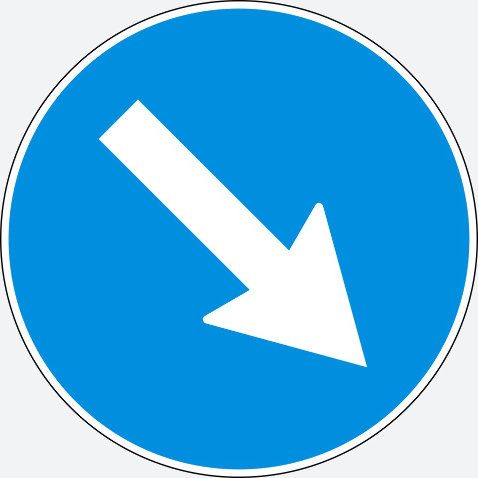 Blue circle with a thin white border; one white arrow pointing diagonally down and right.
