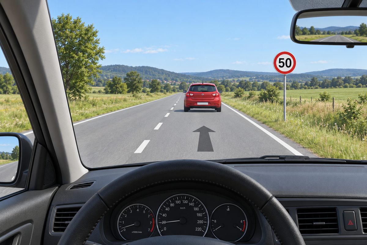 A red hatchback ahead on a rural road seen through the windscreen, with a forward arrow and circular red-rimmed 50 sign.
