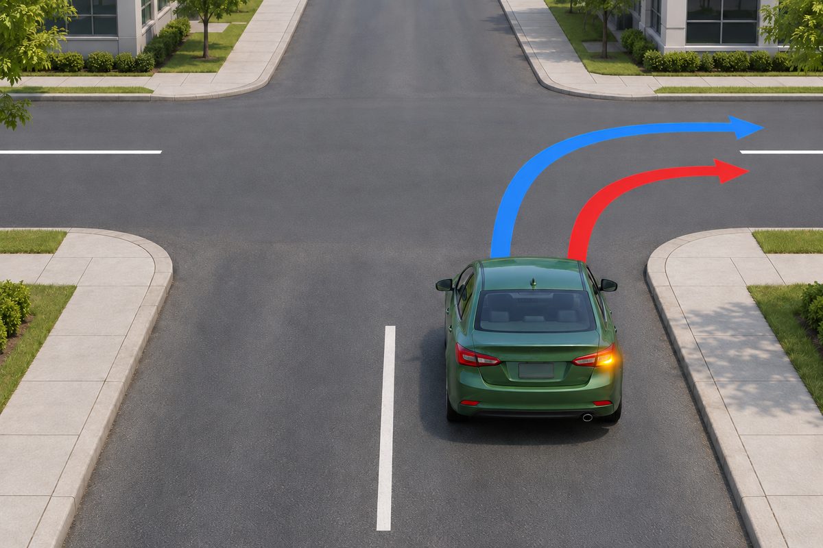 Rear view of a green car with its right amber lamp lit. A red arrow curves tightly into the near half of the road to the right; a blue arrow curves more widely into its far half.