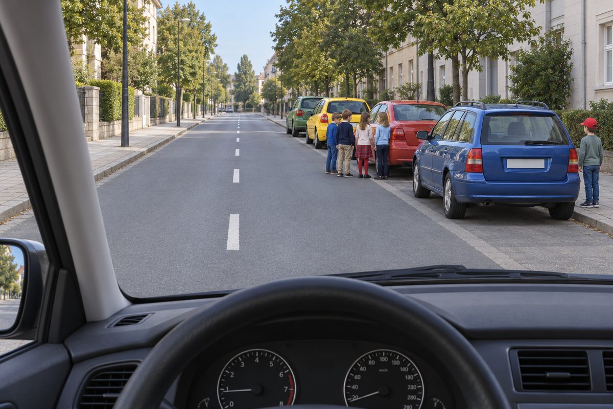 Blue, red, yellow and green cars line the right curb from near to far; four children stand on their roadward side and a fifth stands on the sidewalk.