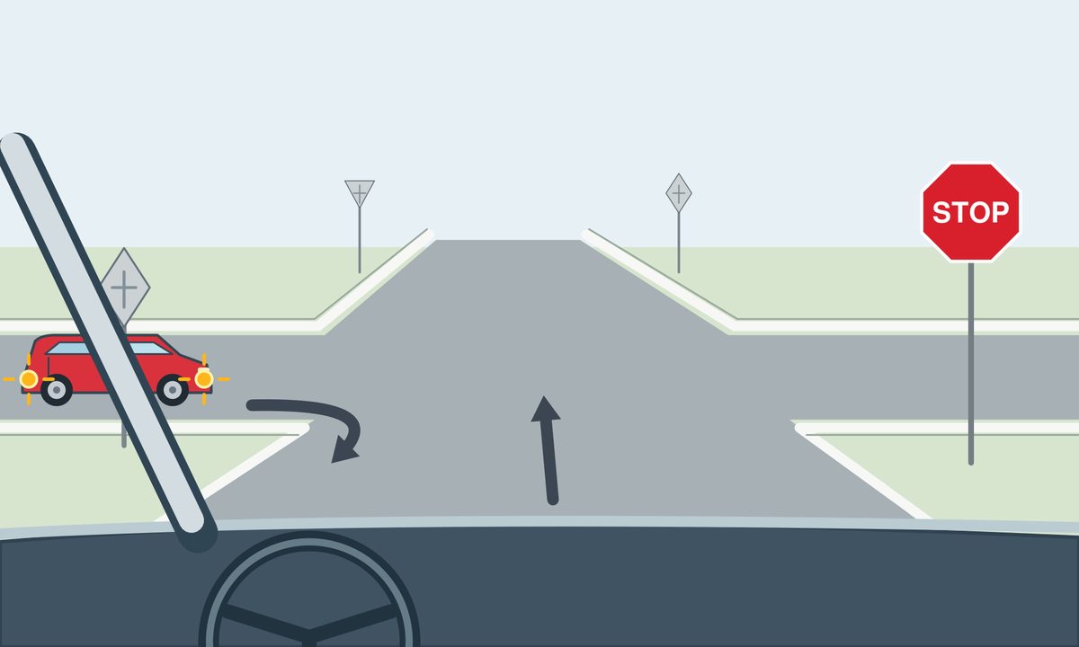 Windscreen view of an unmarked four-arm junction with a red octagonal STOP sign on the right. A red car approaches from the left with amber lamps on its visible side and an arrow curving toward the near road. The viewer’s arrow points ahead.