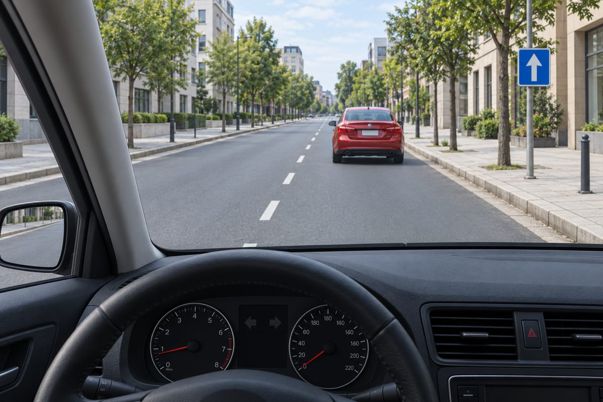 Driver view behind a red car in the right lane of an urban road; a broken divider lies to the left. A blue rectangle with a white upward arrow stands at right; dashboard arrows are dark.