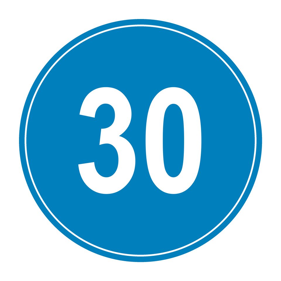 Blue circular sign with a thin white inner ring and the number 30.